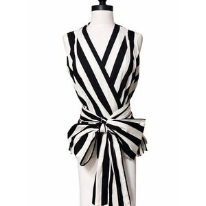 Marella Black White Striped Sleeveless Wrap Peplum Blouse Top Size 10 Bow Waist